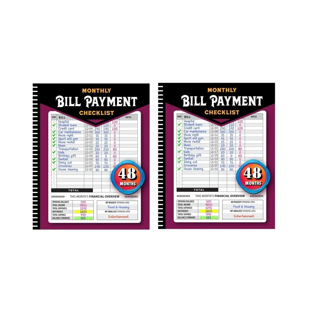 Set of 2 Monthly Bill Payment Checklist: Bill Tracker Notebook, The 4-Year Guide